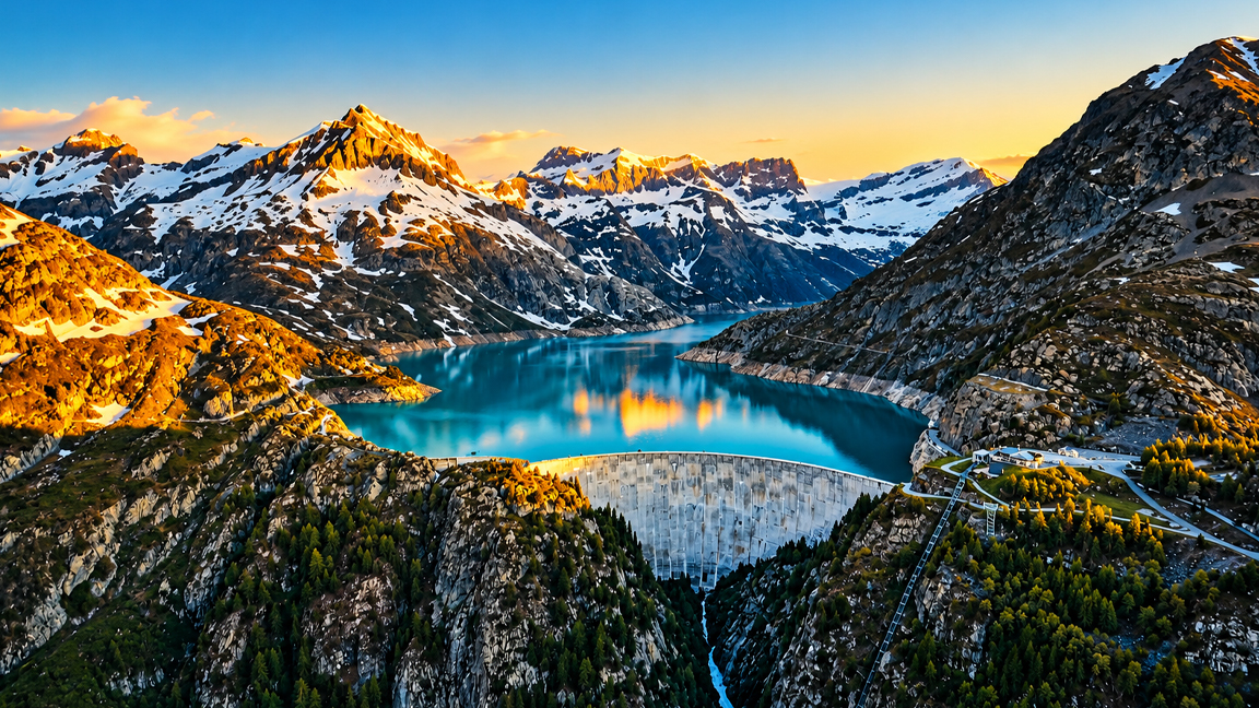 Spectacular alpine reservoir and curved dam surrounded by snow-capped ...