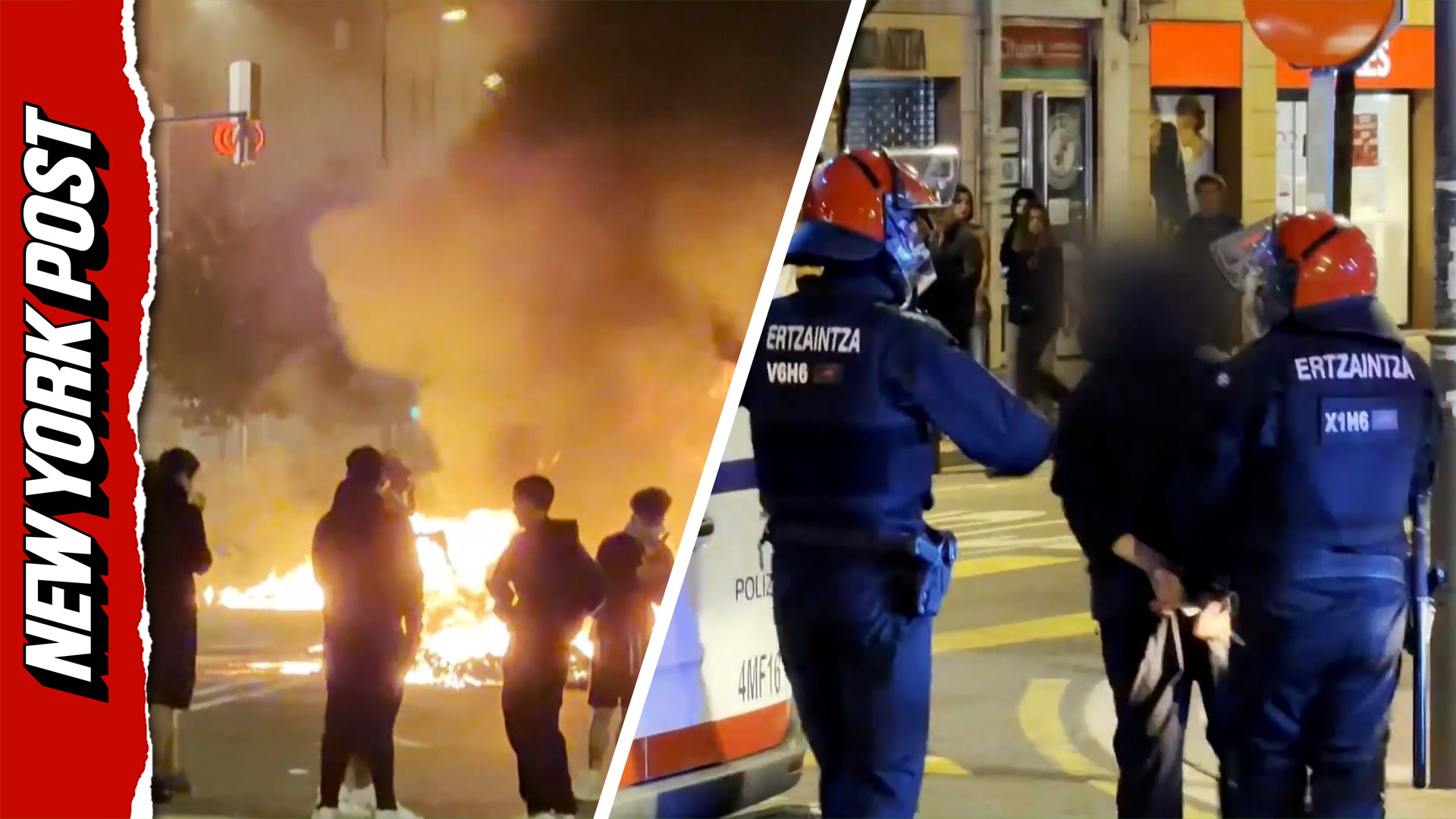 Violent clashes erupt in Spain as hooded protesters clash with police