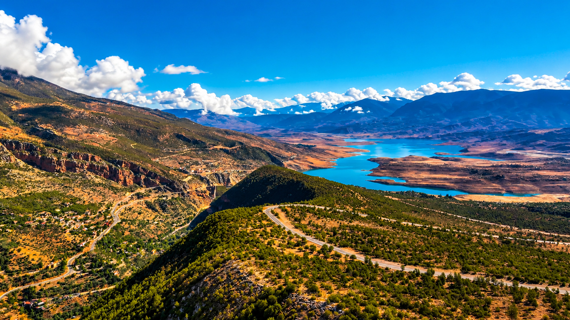 Winding mountain roads overlooking a beautiful blue lake and scenic valleys