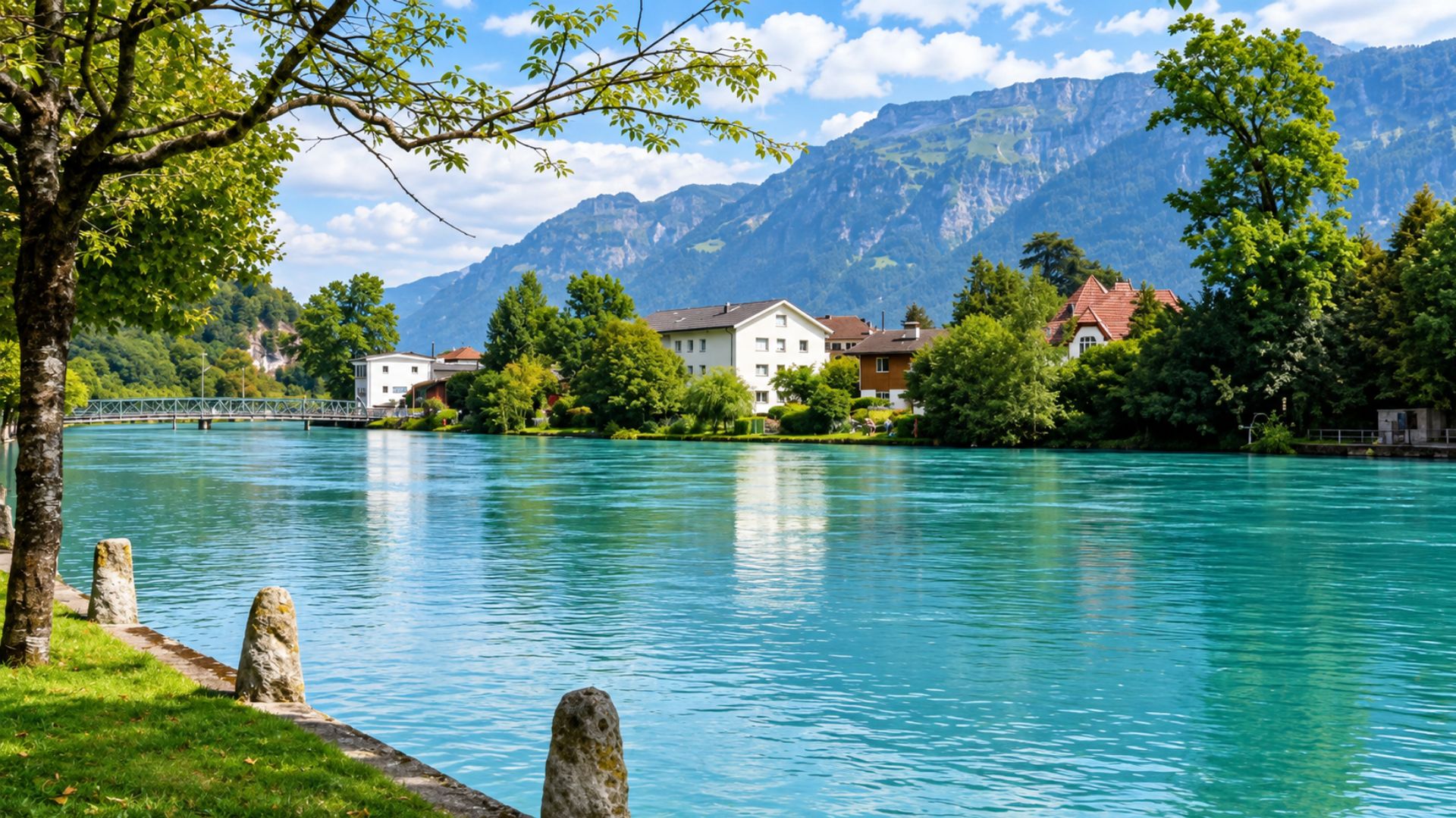 Discovering Interlaken's riverside views beneath the Swiss mountains (4K)