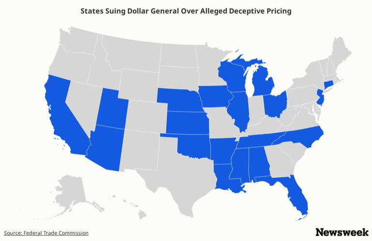 Map of states suing Dollar General alleging deceptive pricing practices