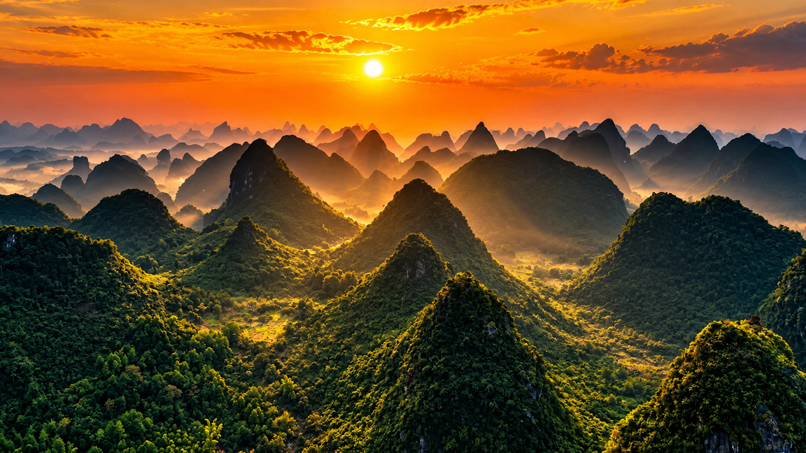 A sea of green karst peaks beneath China's golden sunset sky