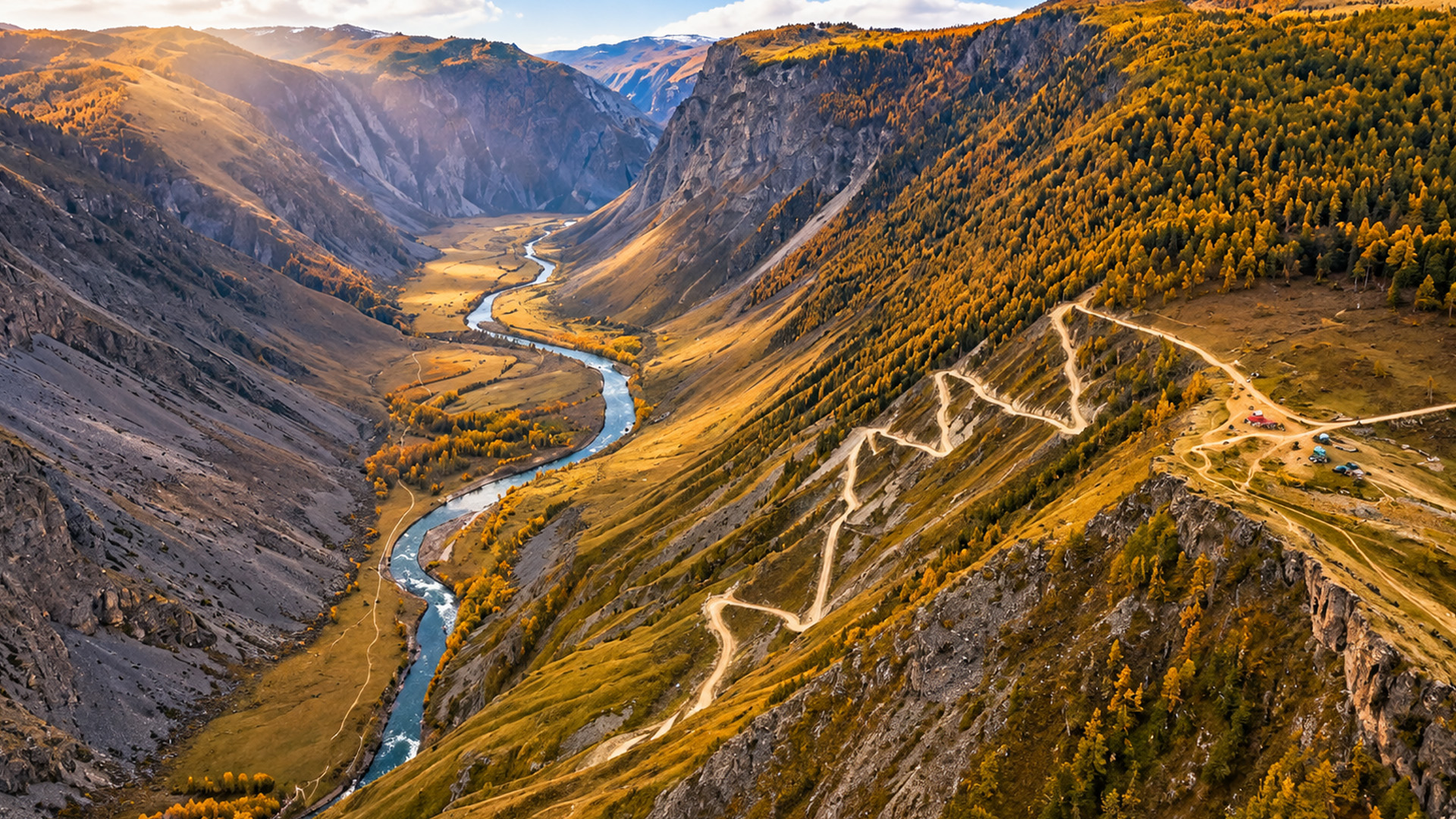 A zigzag road climbing a steep mountain slope
