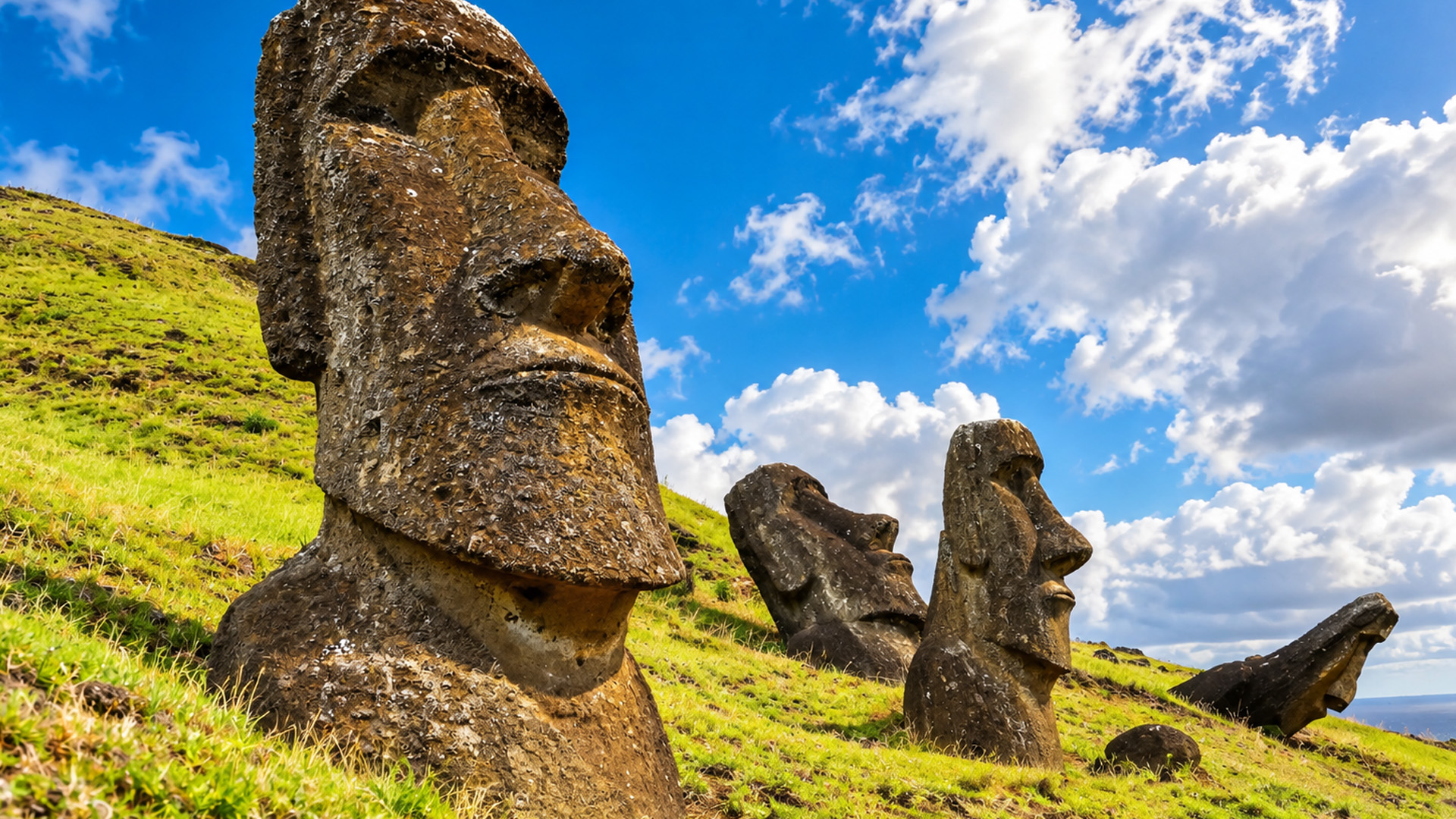 Ancient stone faces rising from a grassy hillside