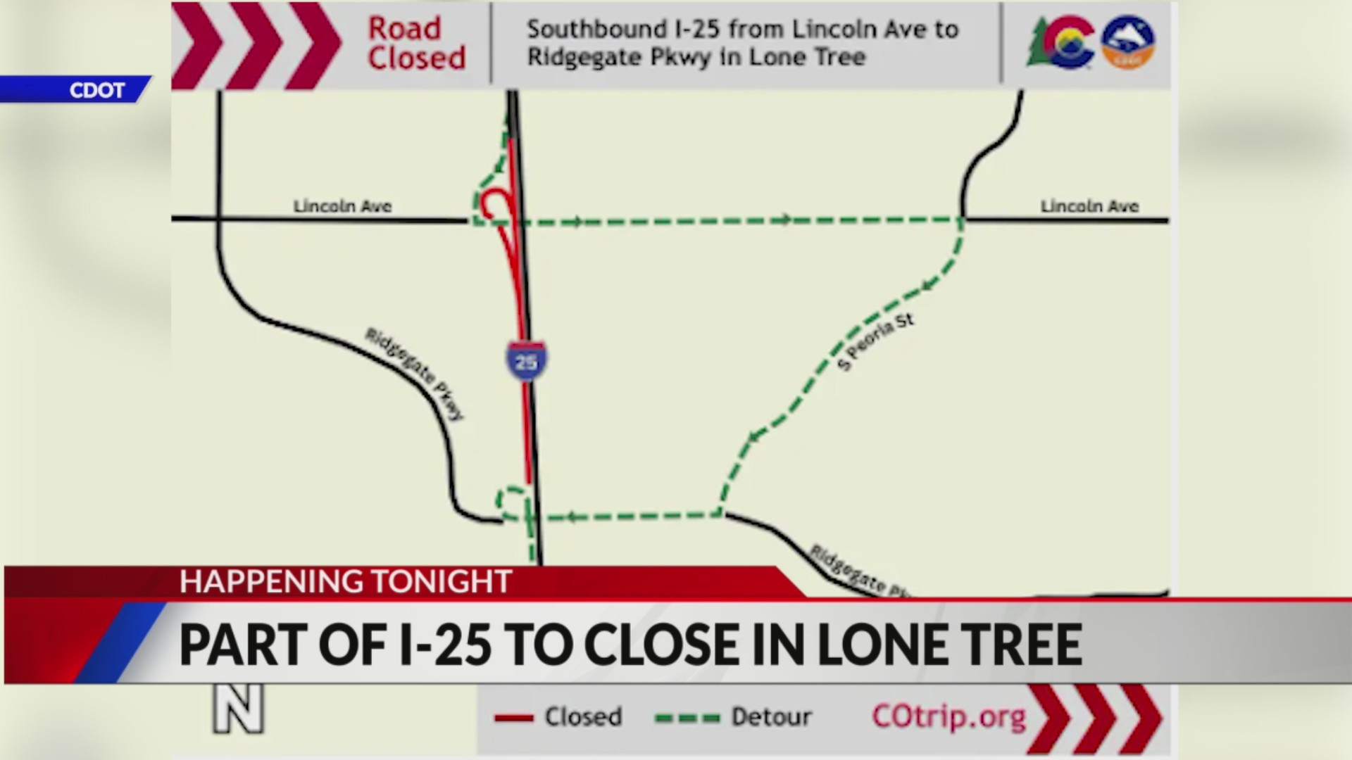 Southbound I-25 will close Monday night at Lincoln Avenue