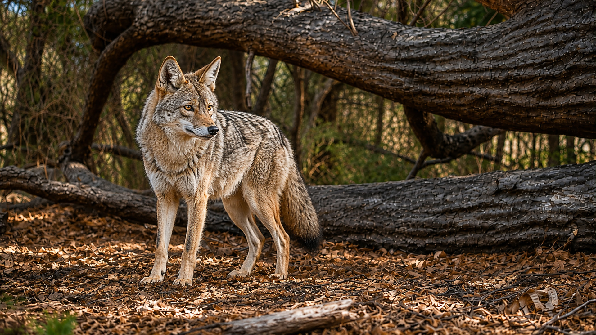 The fallen trees concealed a forest passage used by a golden jackal