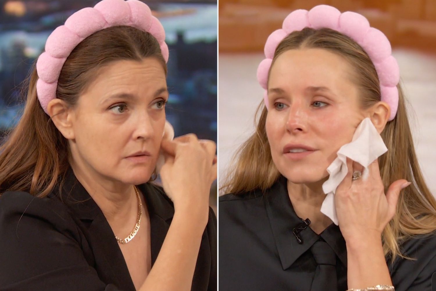 Drew Barrymore and Kristen Bell remove makeup, hair extensions for ...