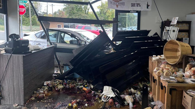 Security video shows car crashing into western North Carolina butcher shop