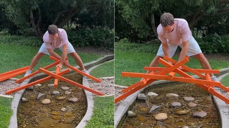 He made a mini bridge for his backyard with zero tools