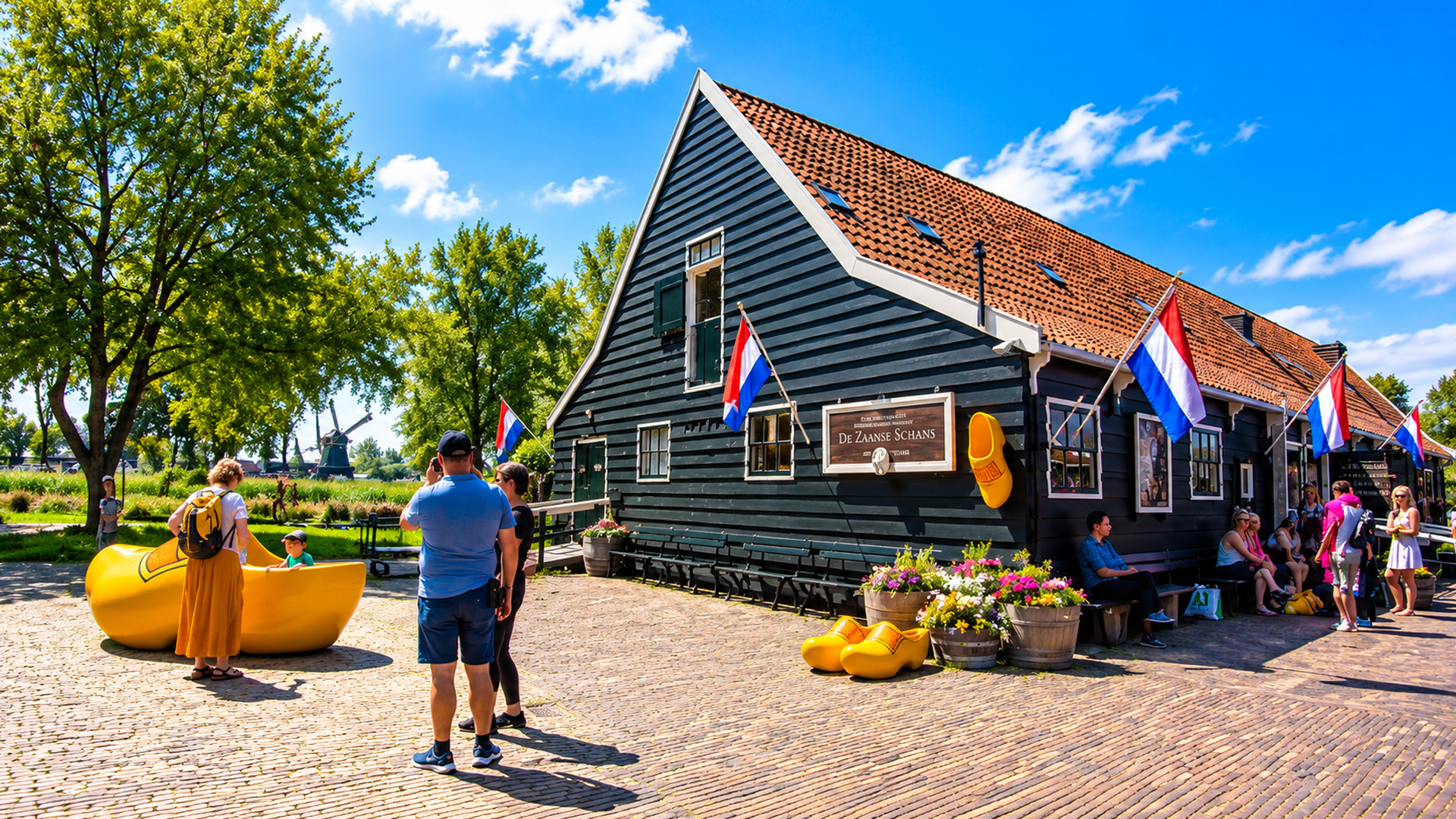 Why are there giant yellow wooden shoes in this Dutch village?
