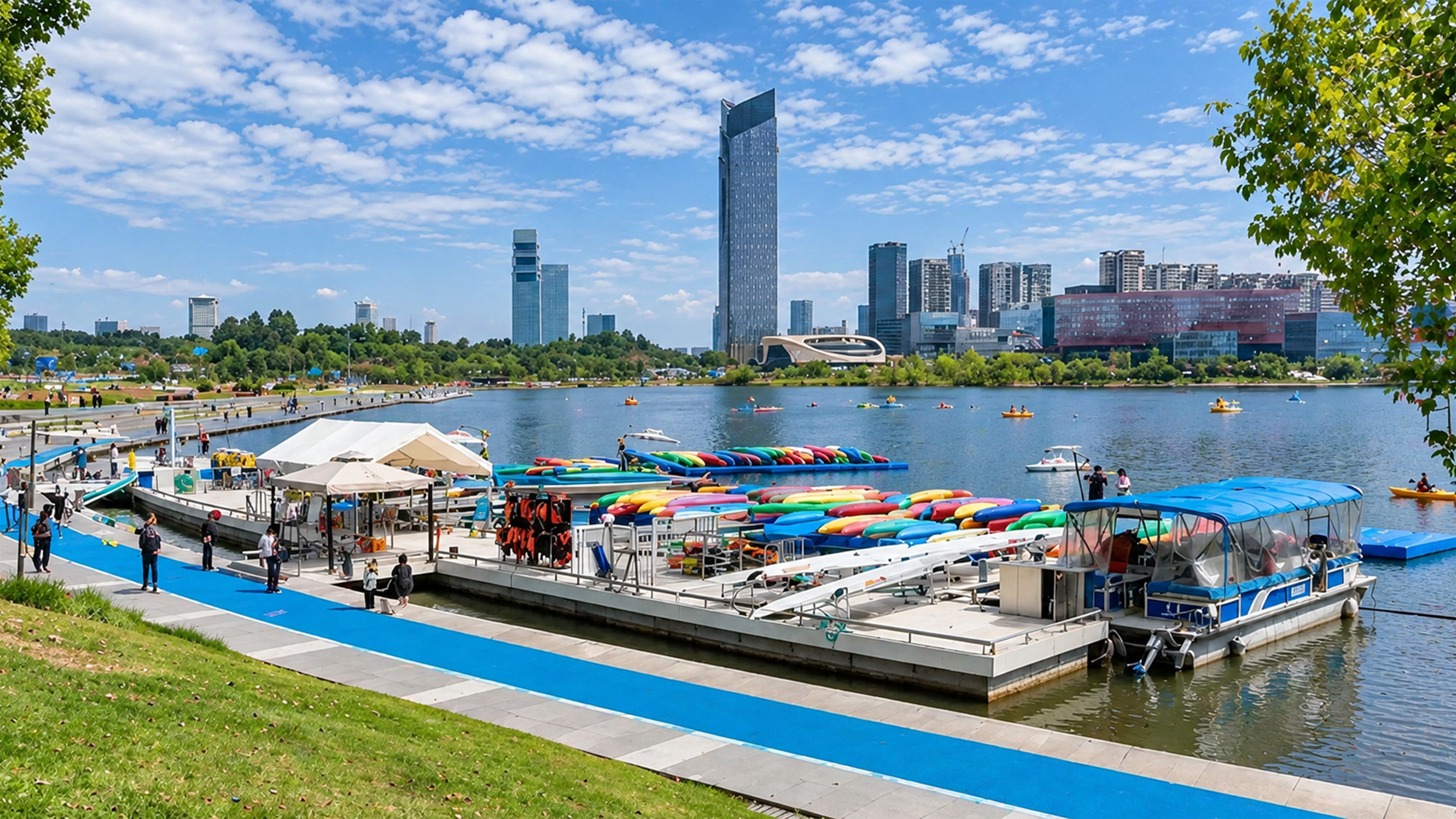 A colorful kayak dock sits beneath China's modern skyscrapers