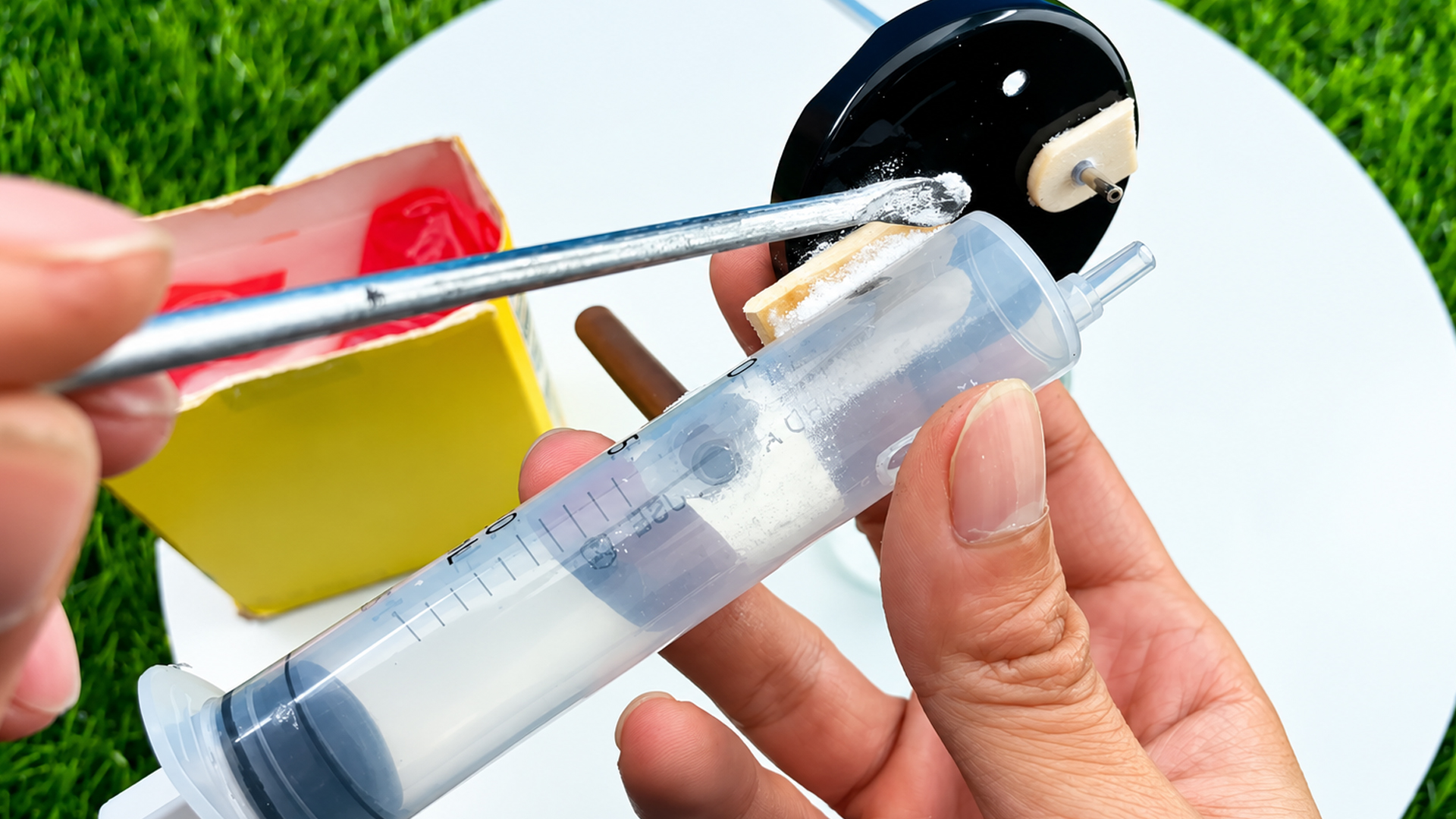 An old medical syringe becomes an air-powered paint sprayer