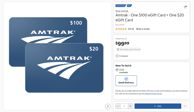 Costco is selling $120 in Amtrak gift cards for $99.99