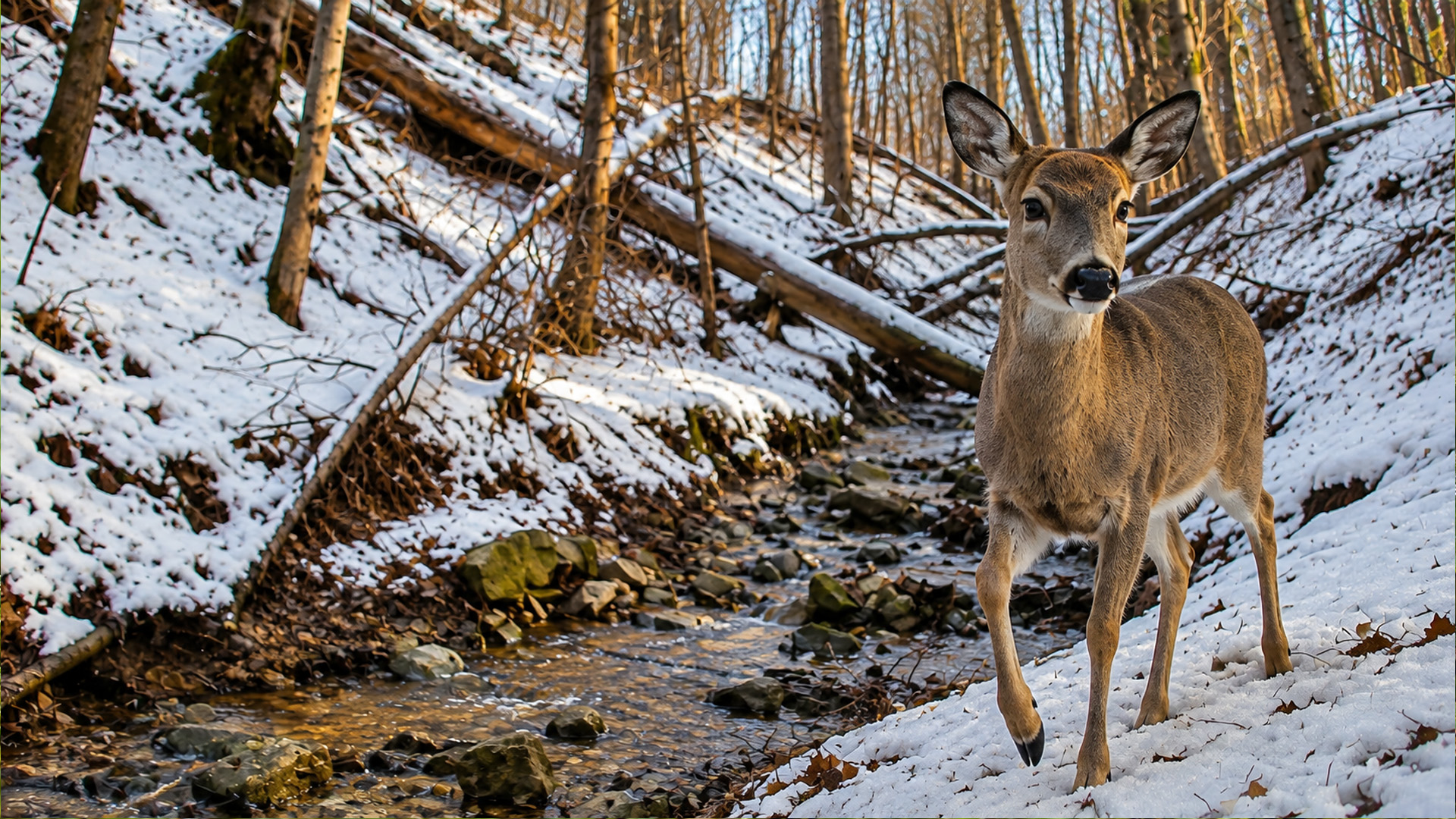 Snow covered the forest trail but a deer still found its way through