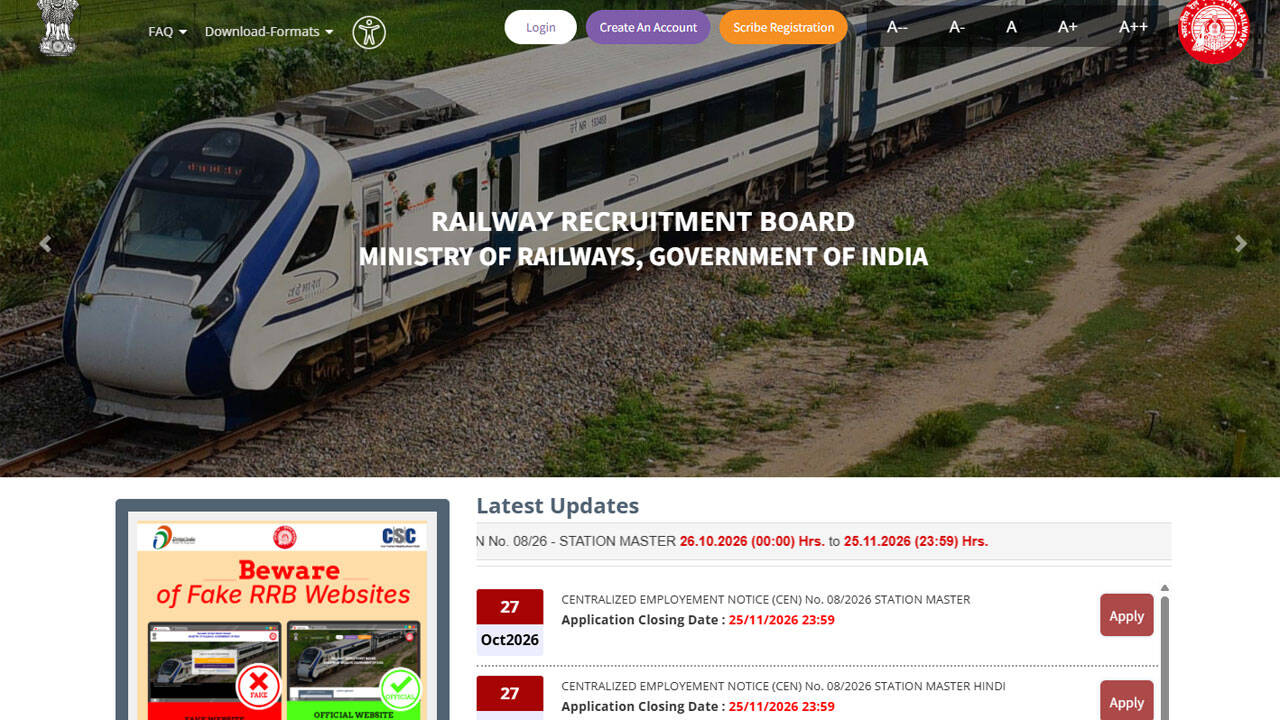 RRB station master application 2026 link active: Apply for 1,250 posts ...