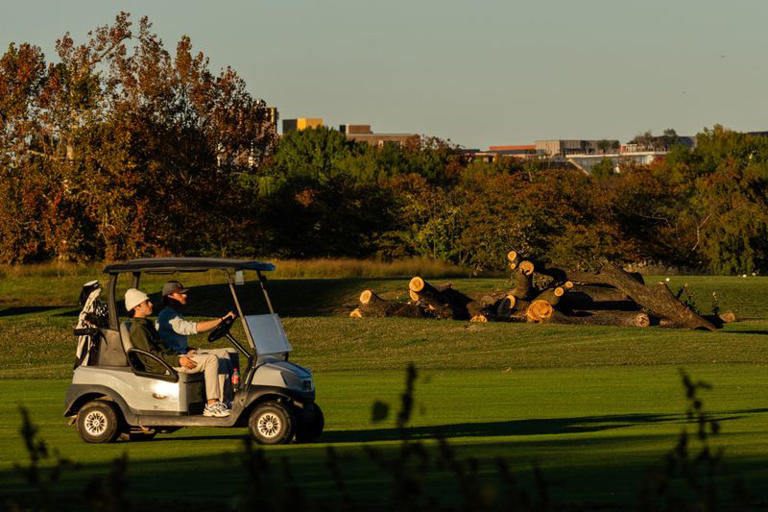 Golfers drive a cart near felled trees after the US President Donald Trump's administration cut down more than 400 trees at historic East Potomac Golf Links, in Washington, DC, US, October 26, 2026. REUTERS/Eric Lee