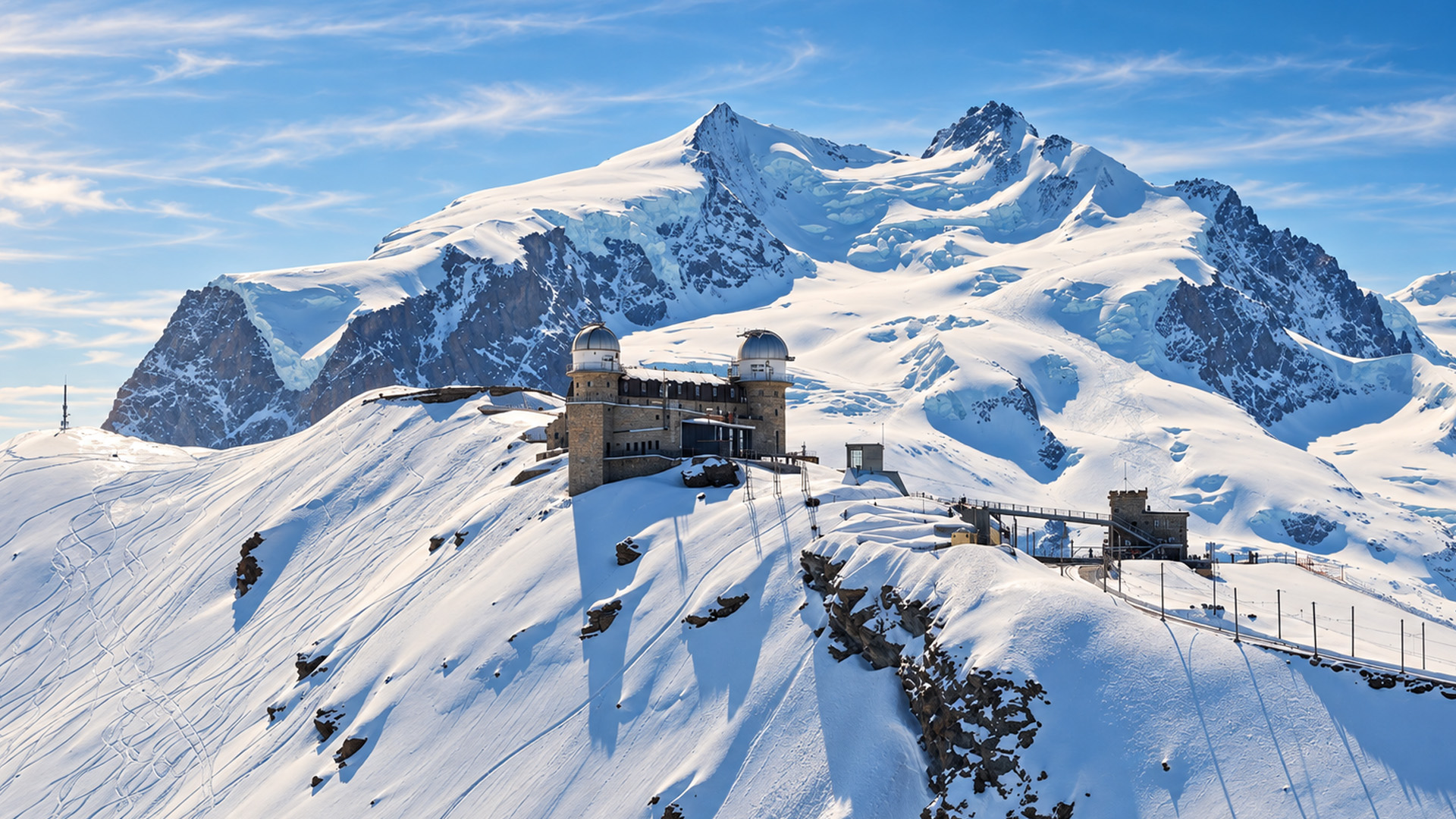A stone building on the edge of snowy cliffs