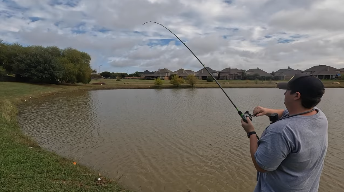 Catching a large bass near a small pipe