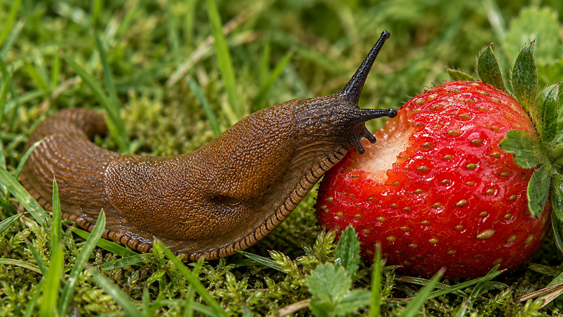 Something is eating its way into this strawberry at ground level
