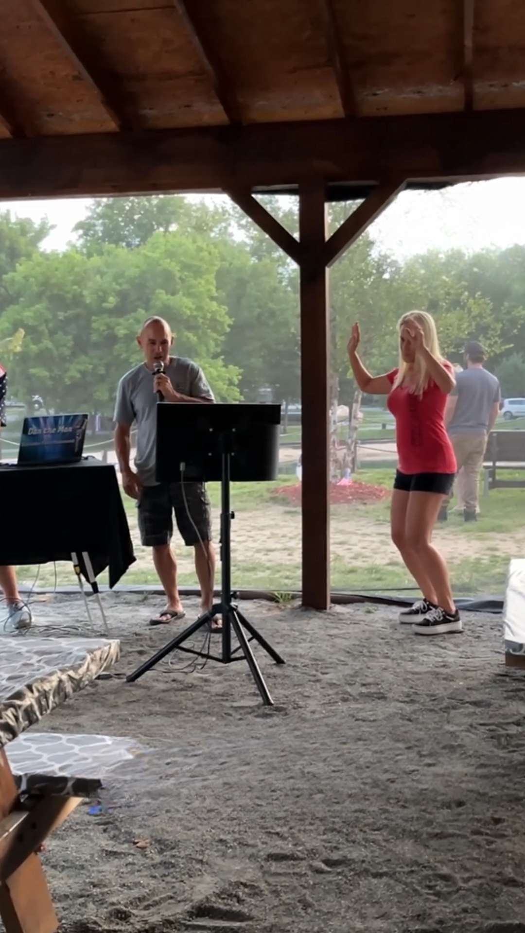 Wife’s energetic dance adds fun to her partner’s karaoke performance