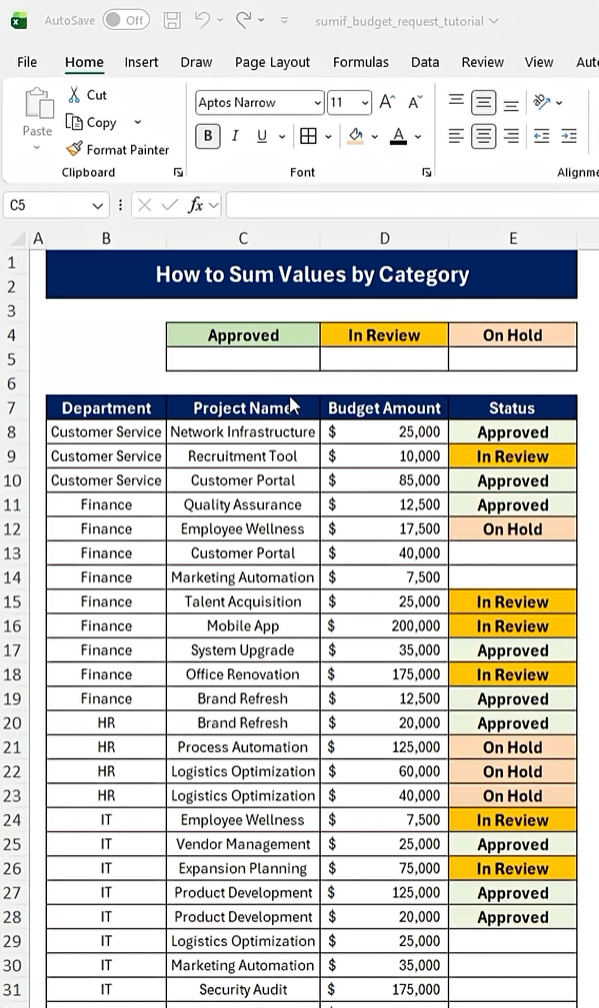 Summing category values with Excel SUMIF