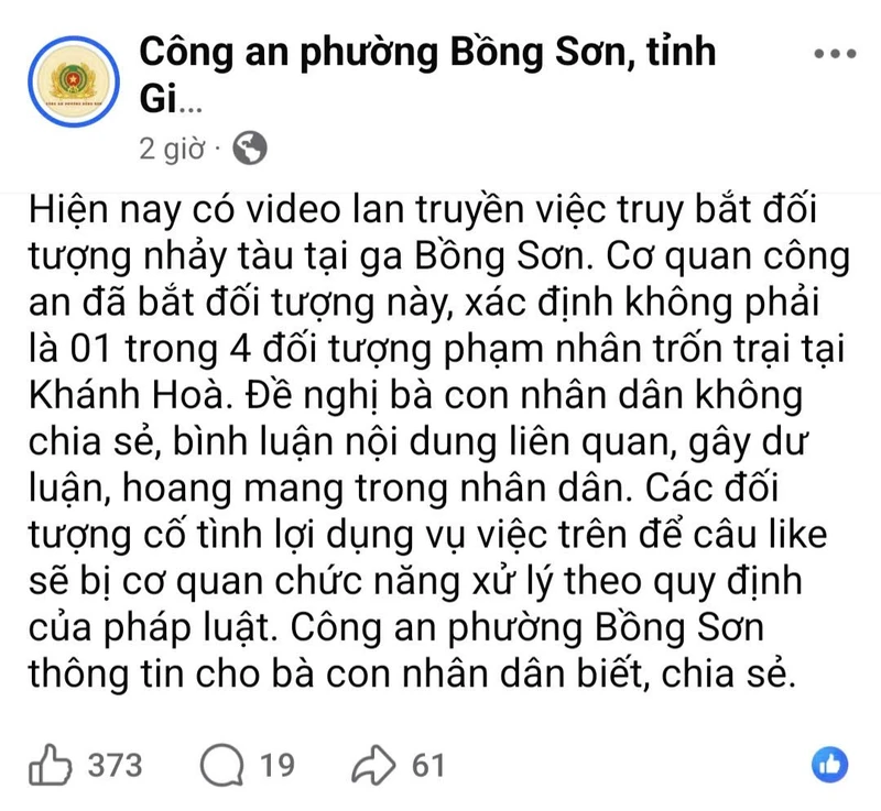 Yêu cầu không lan truyền clip vây bắt người đàn ông trên nóc tàu hỏa gây nhầm lẫn với phạm nhân trốn trại