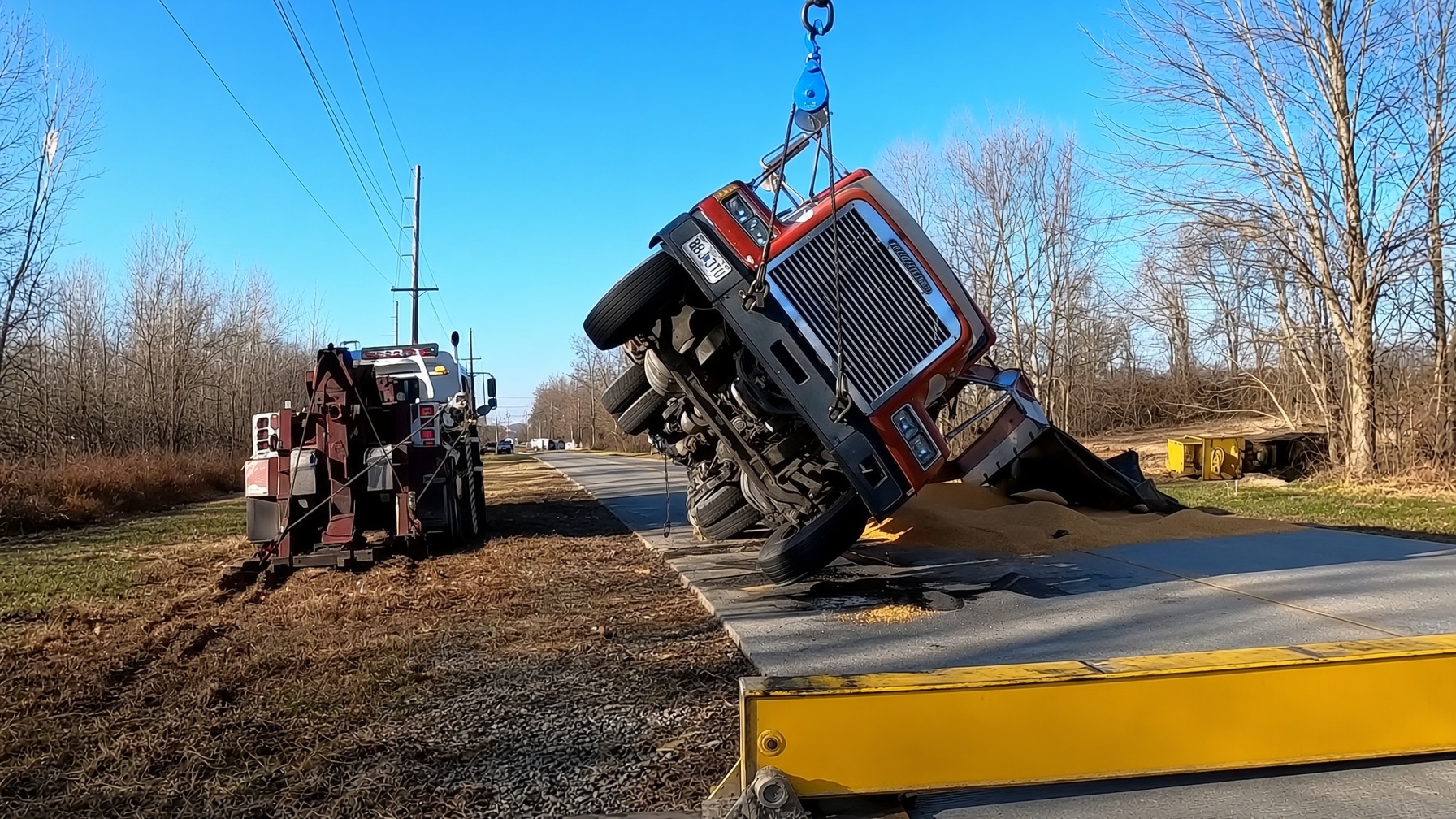 Grain truck tips over and blocks the road