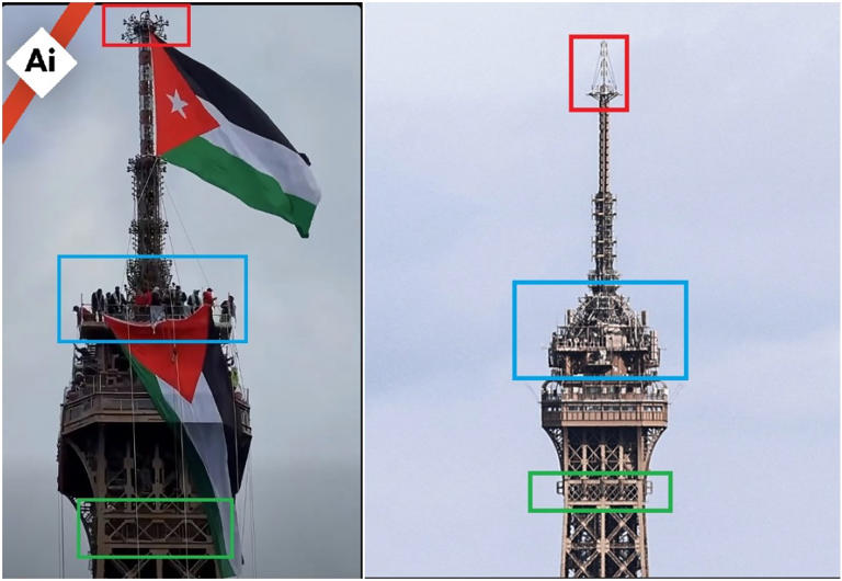 Video of Palestinian flag flying from Eiffel Tower is AI-generated
