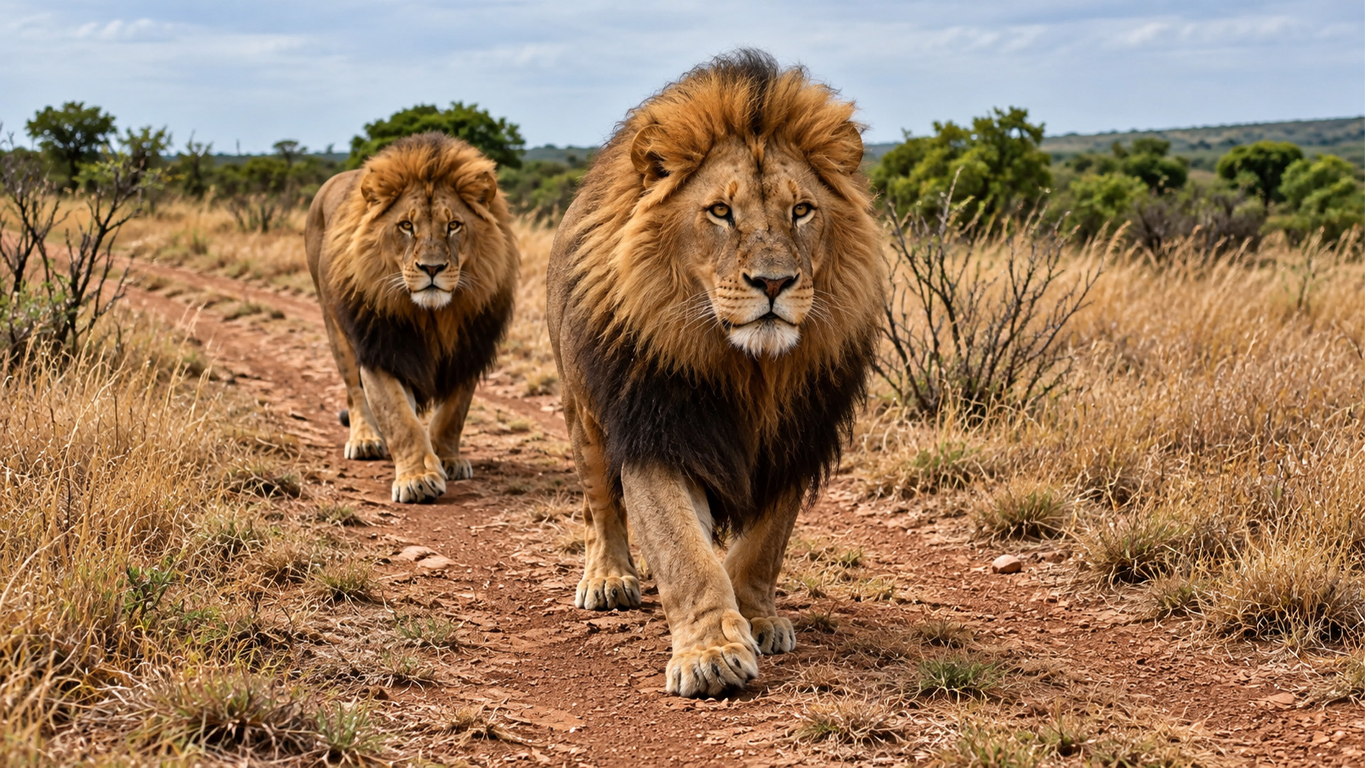 Two rescued lion brothers walk side by side