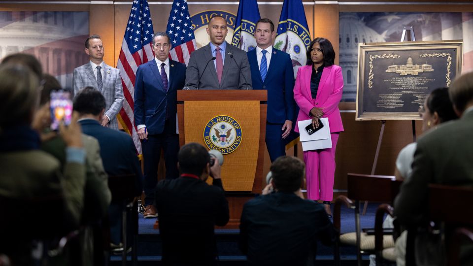 Rep. Moskowitz, left, stands alongside other Democrat House leadership as House Minority Leader Hakeem Jeffries speaks at a press conference in September 2025. - Nathan Posner/Anadolu via Getty Images