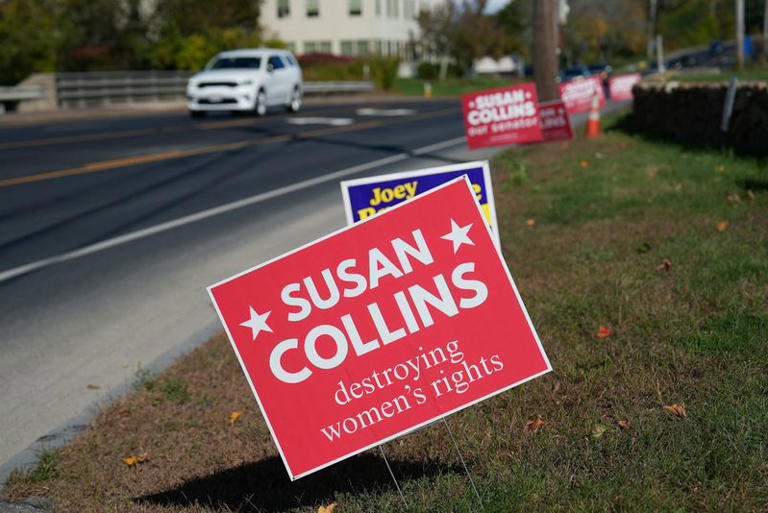 A sign against Republican Senator Susan Collins, reading "Susan Collins, destroying women's rights", stands in Bangor, Maine, US, October 5, 2026. REUTERS/Aleksandra Michalska