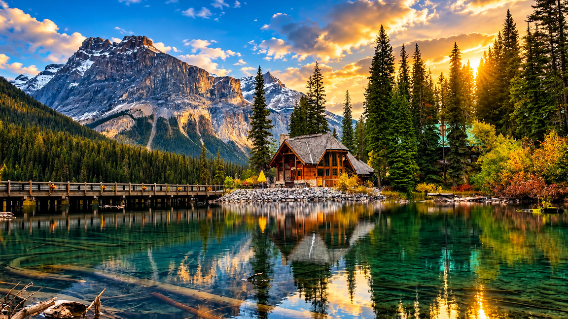 Un’accogliente baita in riva al lago, tra maestose montagne e foreste ...