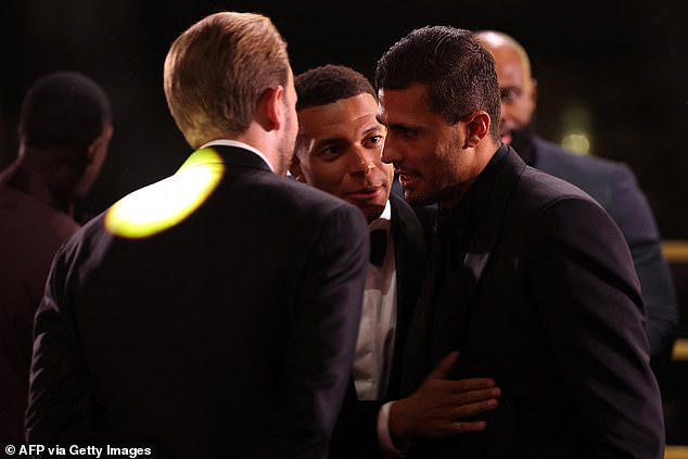 Mbappe is seen with Kane and Real Madrid superstar Rodri at Monday's ceremony