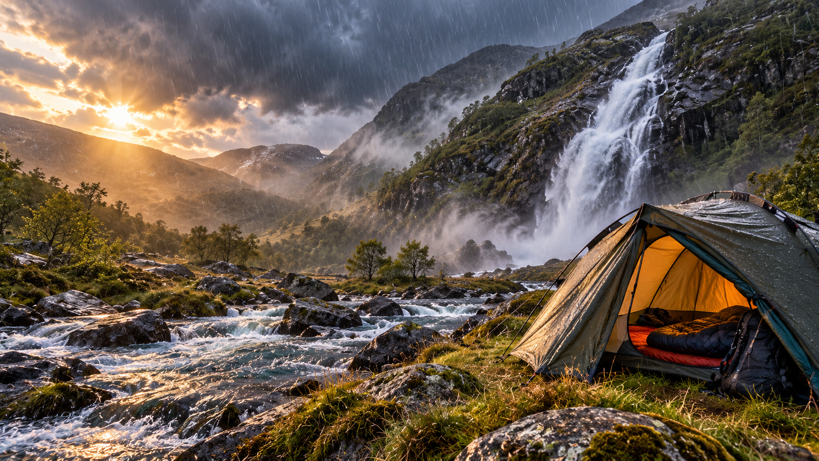 Wild camping alone beside a waterfall in Scotland's heavy rain