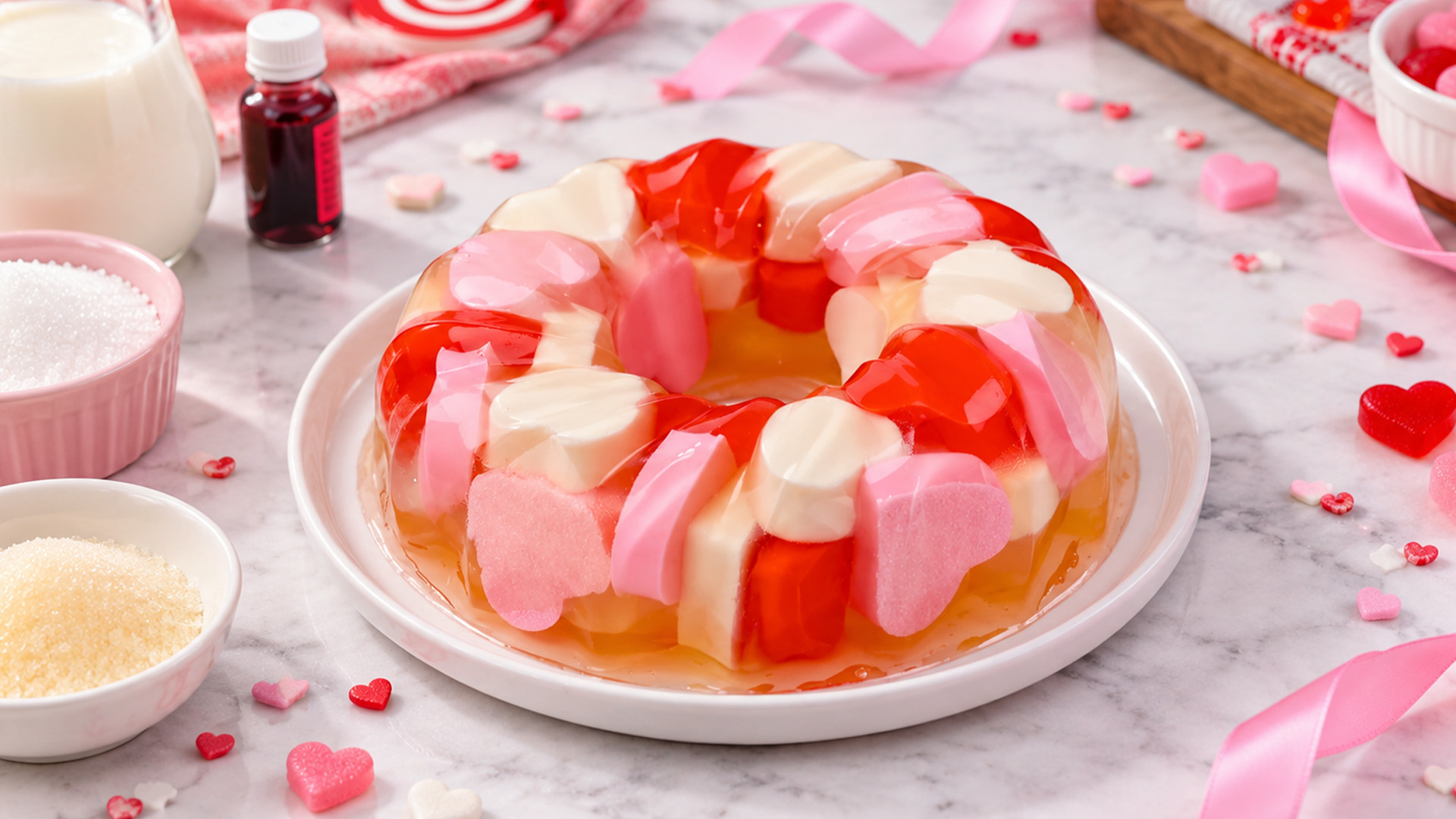 A transparent jelly cake filled with colorful hearts