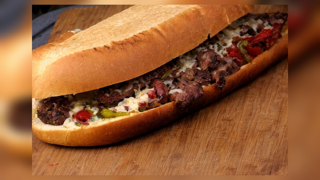 Rib eye pepper steak subs from grill to pan