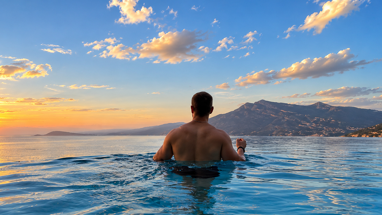 An indoor spa opens into a stunning infinity pool