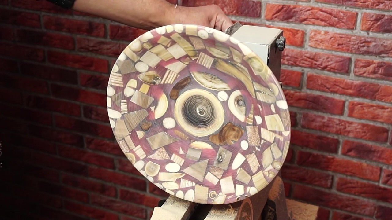 Colored resin interior of a wood scrap bowl