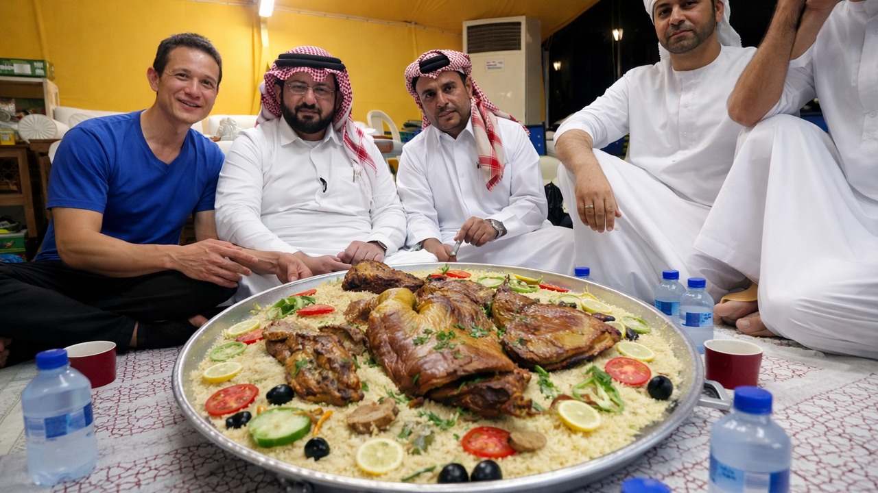 Trying traditional Qatari food, including a whole lamb mandi