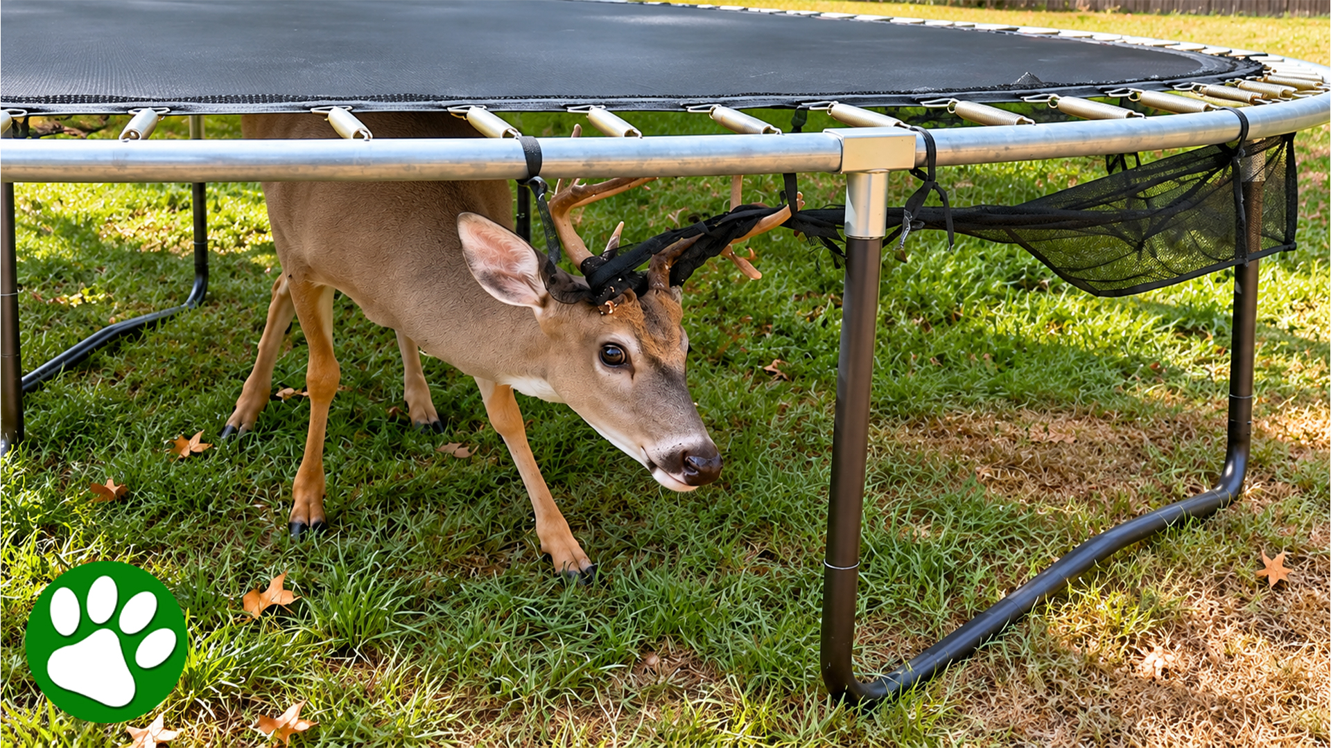 A deer trapped under a trampoline gets a helping hand