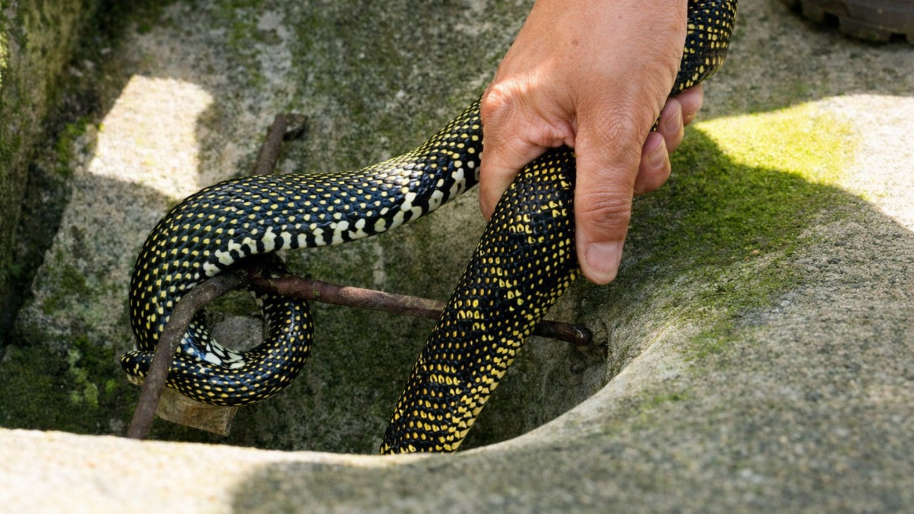 Snake catcher removes a tiger snake from a residential property