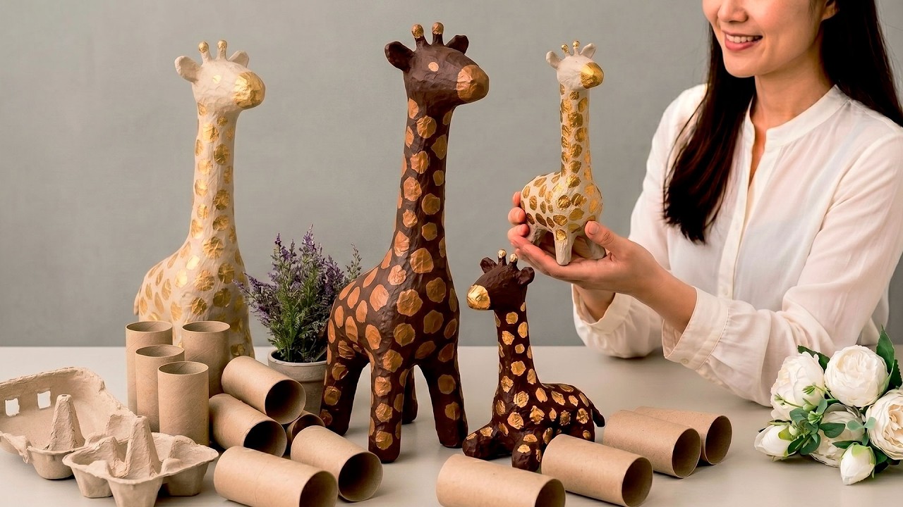 DIY giraffe planter made from recycled cardboard rolls