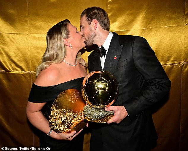 Harry Kane and his wife Katie Goodland shared a kiss after he won the striker award (left) and Ballon d'Or (right) on Monday night 