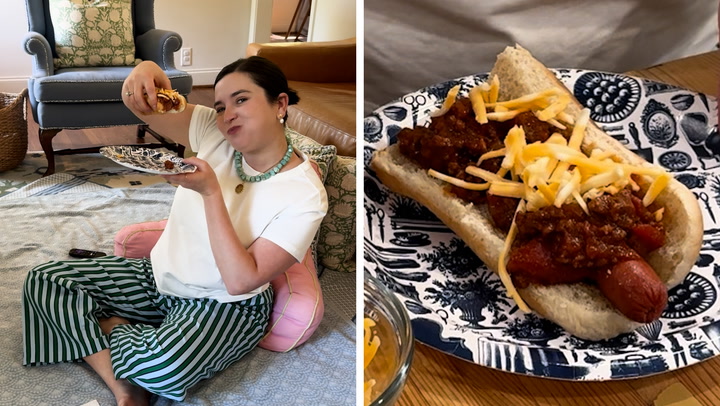 Enjoying chili cheese dogs on a pallet