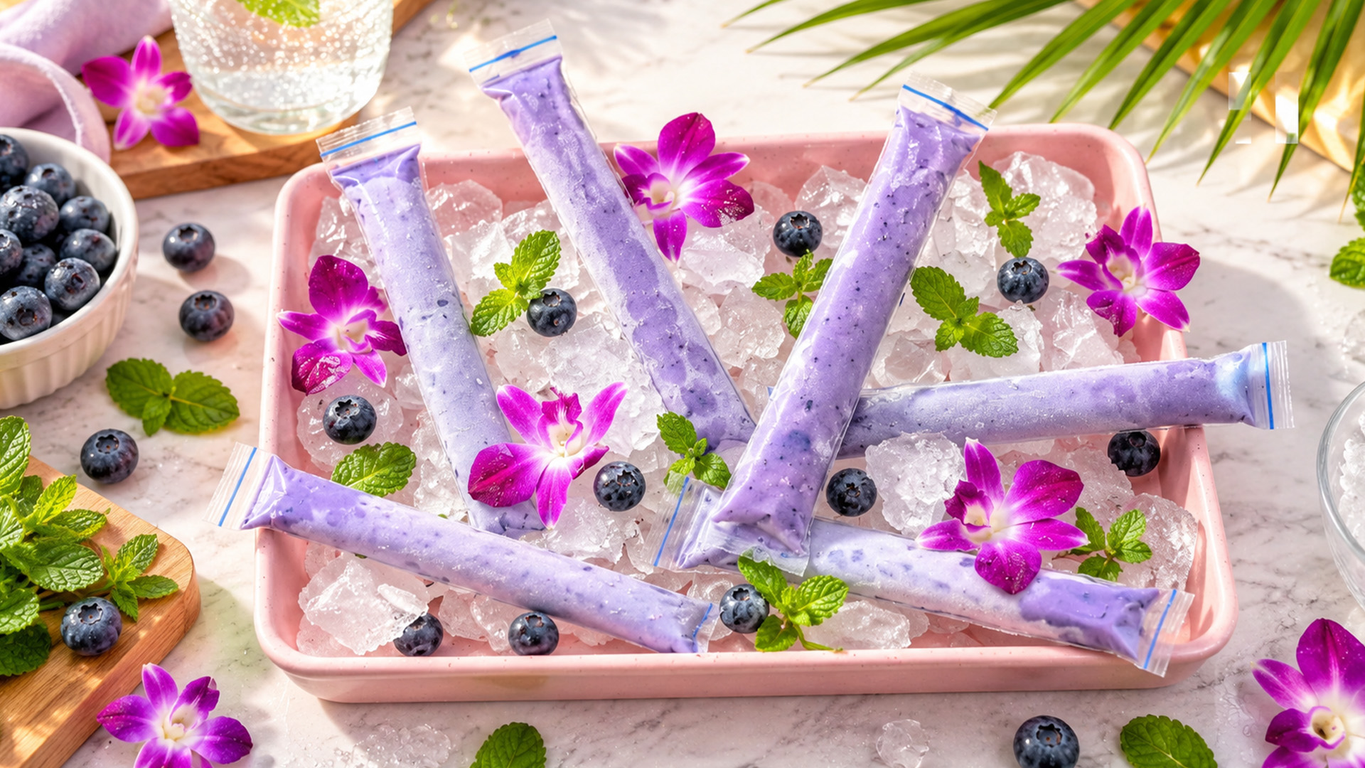 Colorful blueberry mint ice pops with a lavender hue