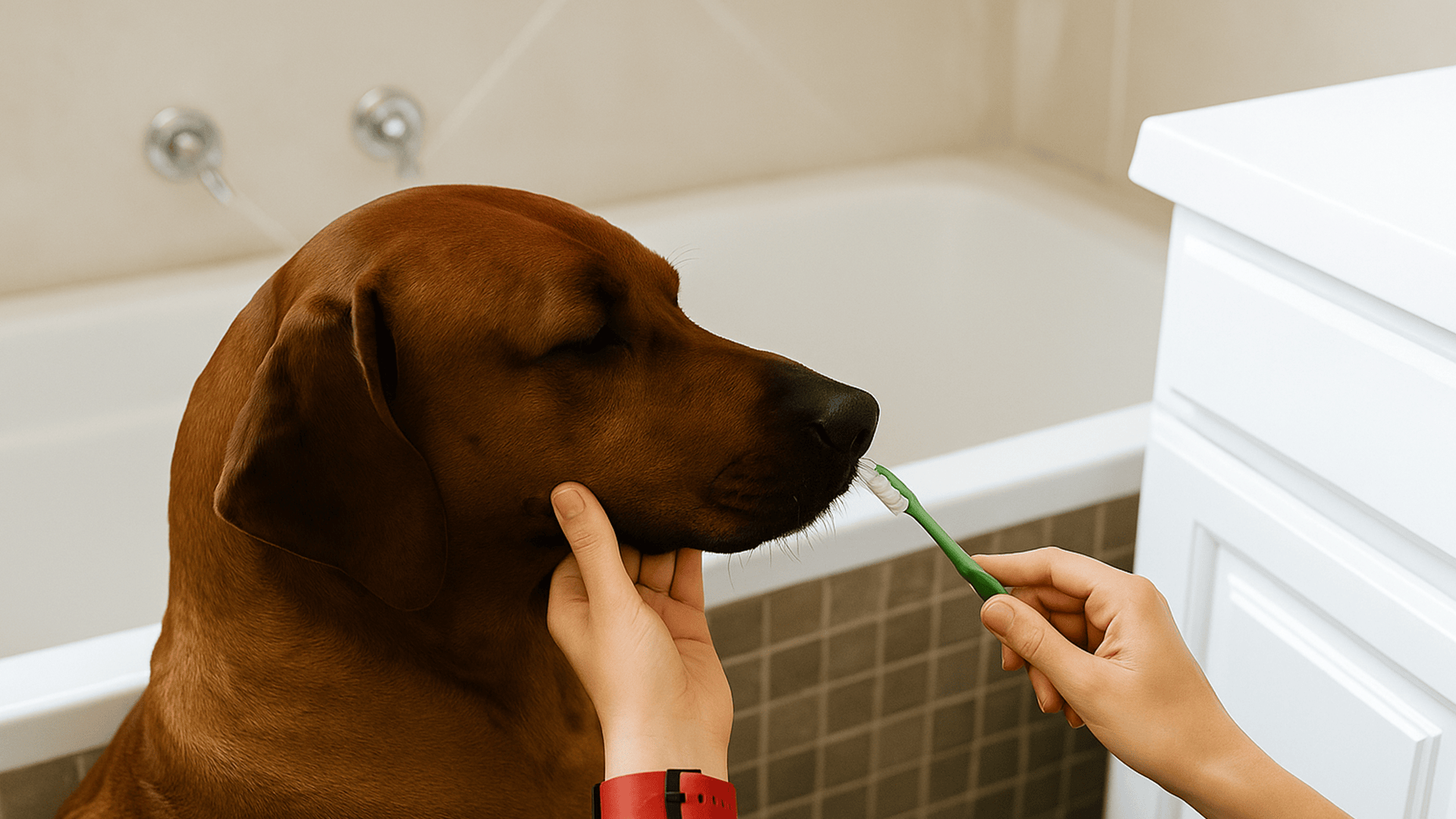 Brown dog having its teeth brushed in the bathroom