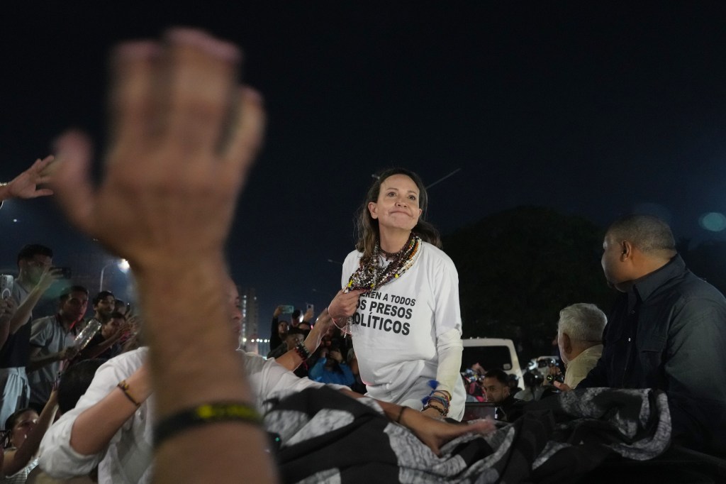 Venezuelan opposition leader and Nobel Peace Prize laureate Maria Corina Machado arrives in Caracas following her return to the country after months abroad, on October 25.