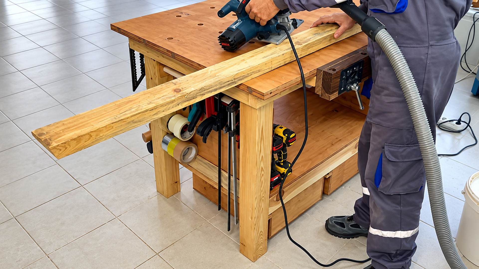 Watch a carpenter build a dual modular workbench with magnetic outfeeds