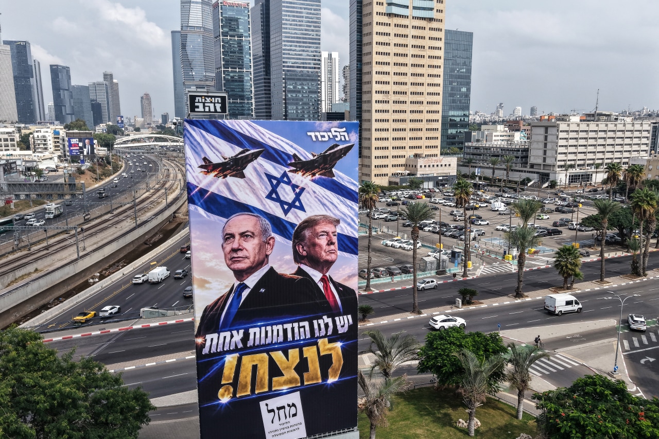 A campaign billboard in Tel Aviv plays up the relationship between Israeli Prime Minister Benjamin Netanyahu and President Trump.