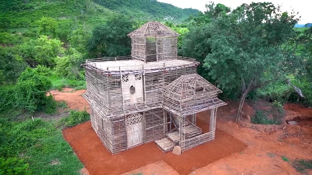 Bamboo and wood mountain house from above